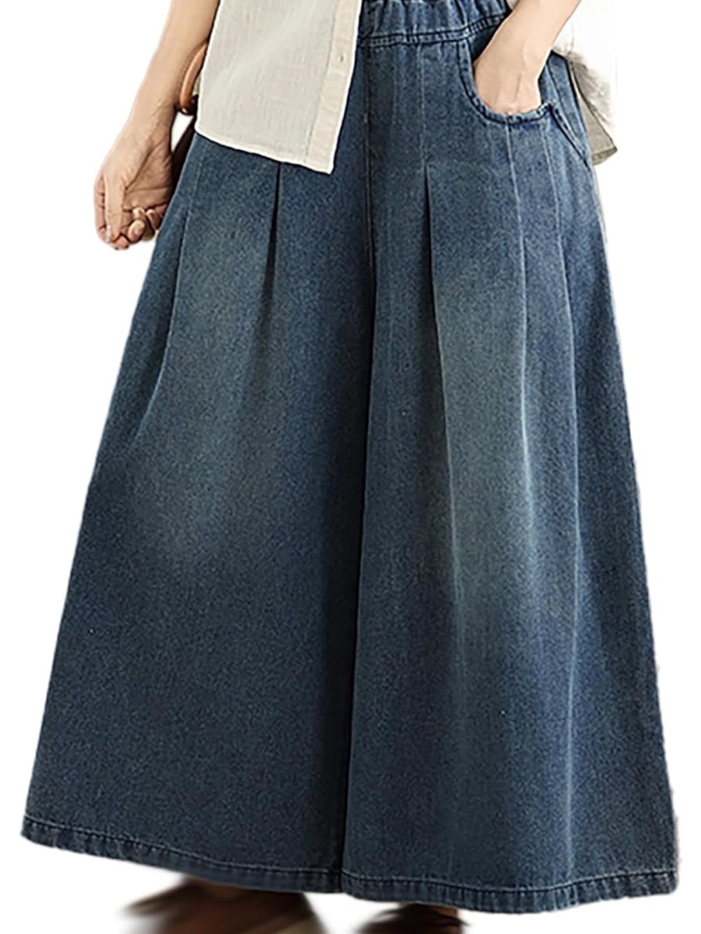 LAI MENG Women's Loose Jeans Elastic Waist Baggy WideLeg DenimPants with Pockets